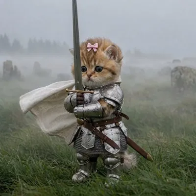 Bundle Cat, a small golden kitten with a pink bow, in silver armour and an ivory cape, holding a sword on a misty moor.