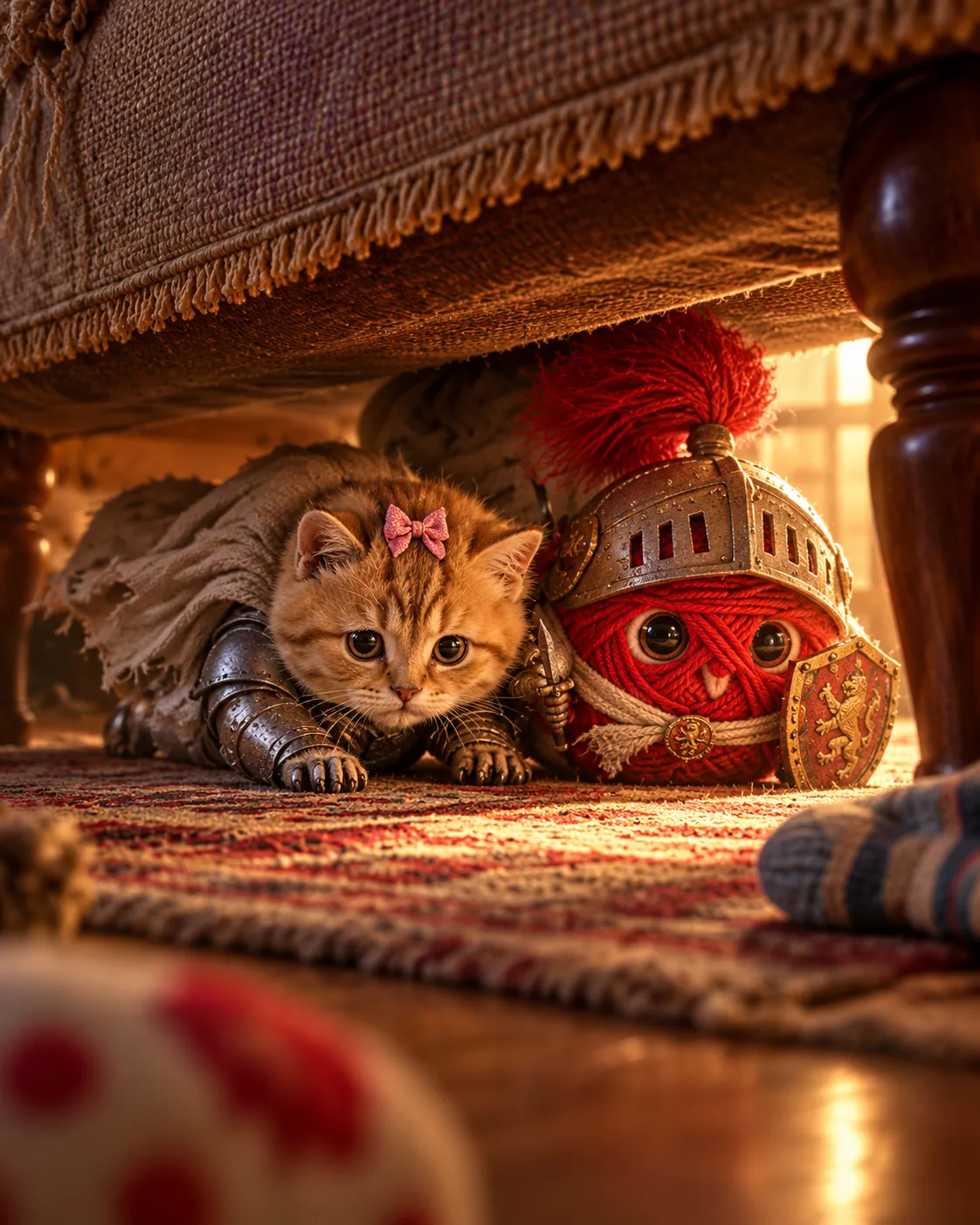 Bundle Cat and Yarn hide side by side under a couch on a patterned rug, a striped sock and a polka-dot ball nearby in warm light.
