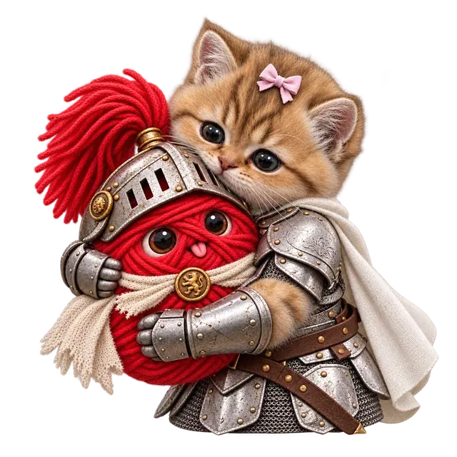 Bundle Cat, a golden kitten in silver armour with a pink bow, hugging Yarn, a crimson ball of wool in a steel helm with a red plume, his tongue out.