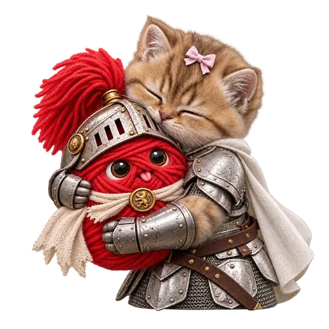 Bundle Cat asleep with her chin on Yarn's helm, hugging him.