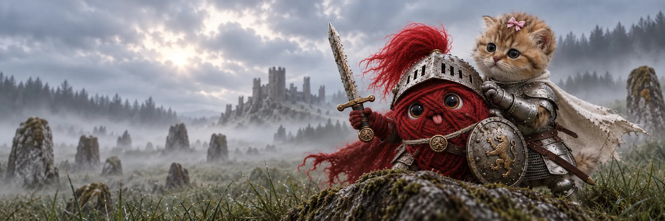 Yarn, a crimson ball of wool in a steel helm, raises his sword beside Bundle Cat in silver armour on a misty moor of standing stones, a castle in the distance.