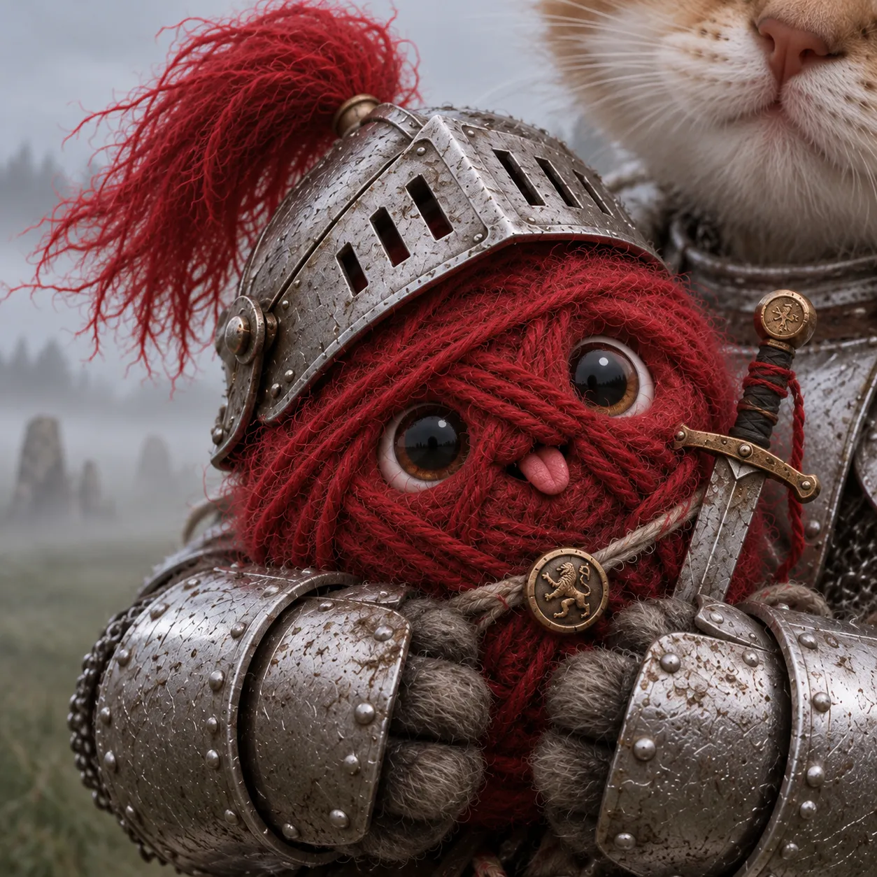 Bundle Cat in armour hugging Yarn close, his tongue out, her chin resting on his helm.