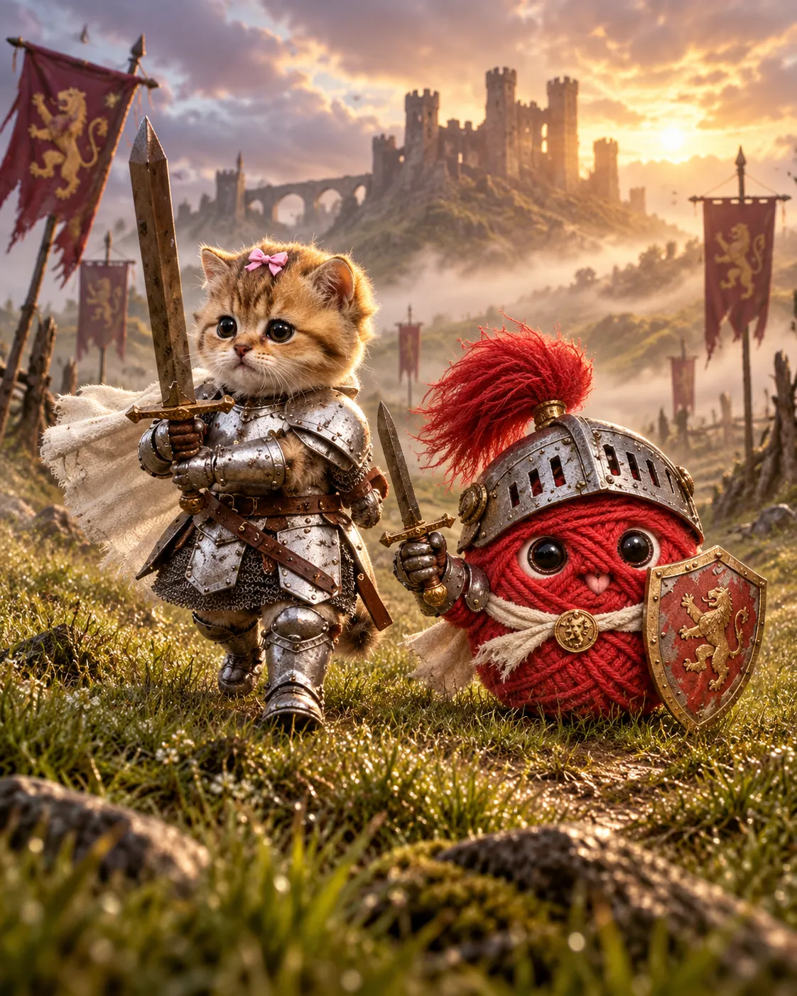 Bundle Cat marches with her sword raised beside Yarn at dawn, lion banners and a castle on the hill behind them.