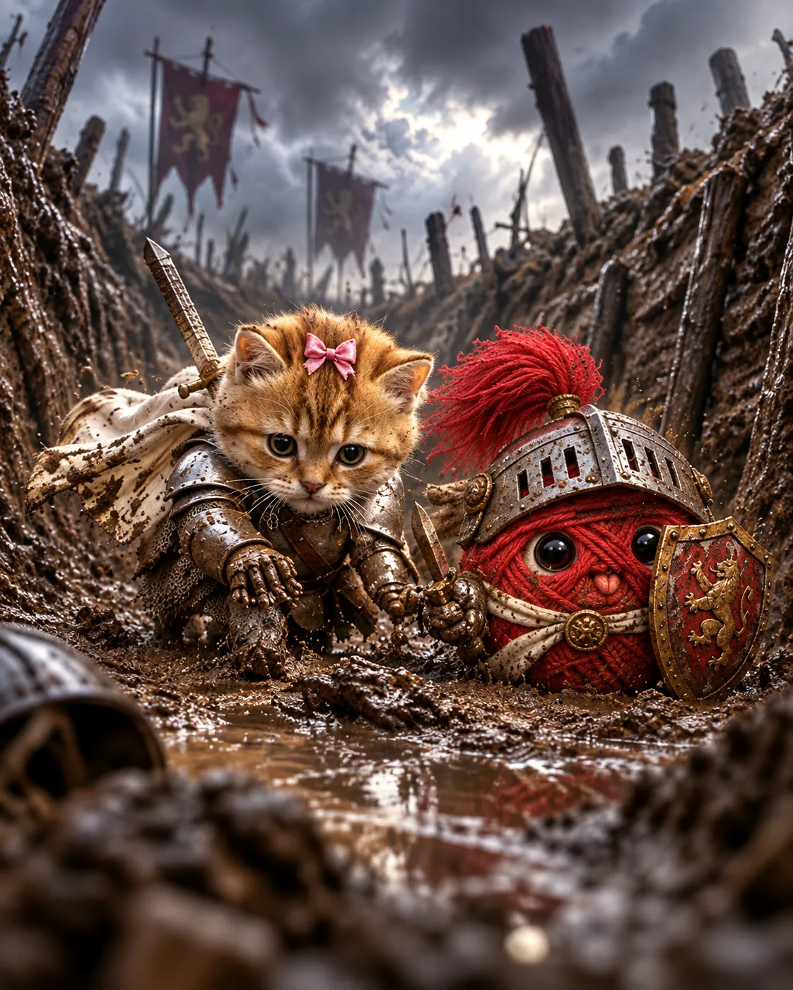 Bundle Cat crawls through a muddy trench in armour, Yarn beside her behind his lion shield, banners and broken posts above.