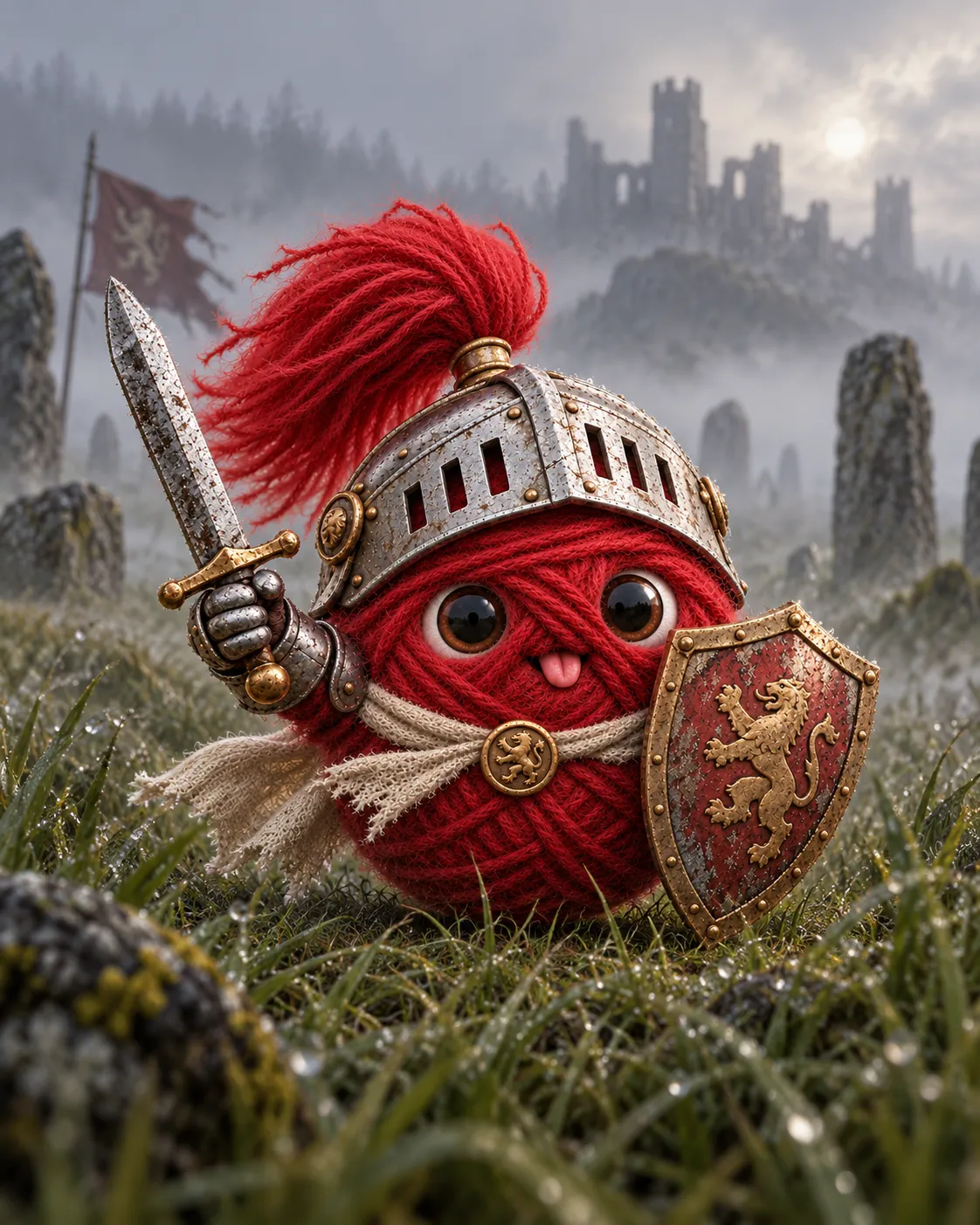 Yarn, a crimson ball of wool in a steel helm with a red plume, raising his sword in dewy grass, standing stones and a ruined castle in the fog behind him.